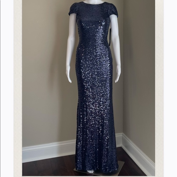 Badgley Mischka Navy Cap-Sleeve Sequin Drape Back Gown - Picture 4 of 11